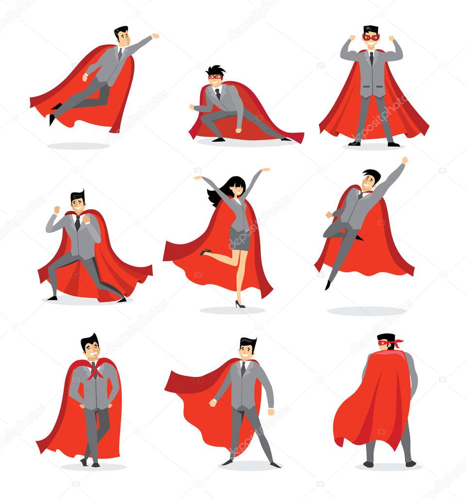 Vector illustrations in flat design of set of businessmen and businesswomen superheroes with the red cloak.