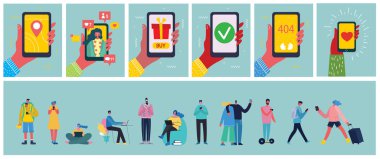 İnsanlar, iş. Vektör çizimi. Akıllı telefonlu eller