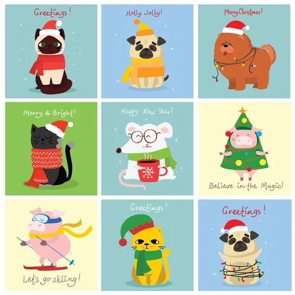 Tarjeta Navidad Con Animales Ilustración Vectorial — Archivo Imágenes Vectoriales