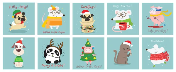 動物とクリスマスカード ベクターイラスト — ストックベクタ