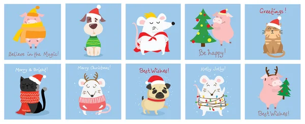 動物とクリスマスカード ベクターイラスト — ストックベクタ