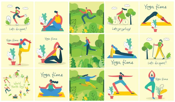 Vector Background Different People Doing Yoga — 图库矢量图片