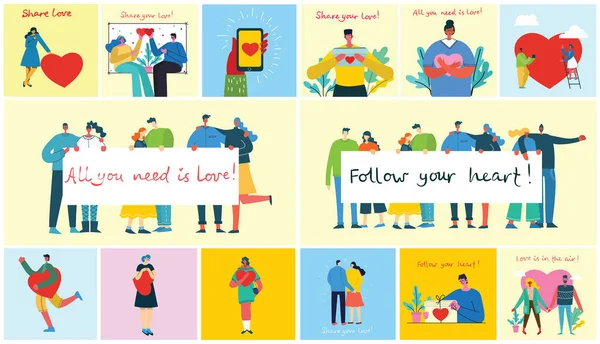 Valentine Doodle Card Set Vektor Illustration Menschen Urlaubskonzept — Stockvektor
