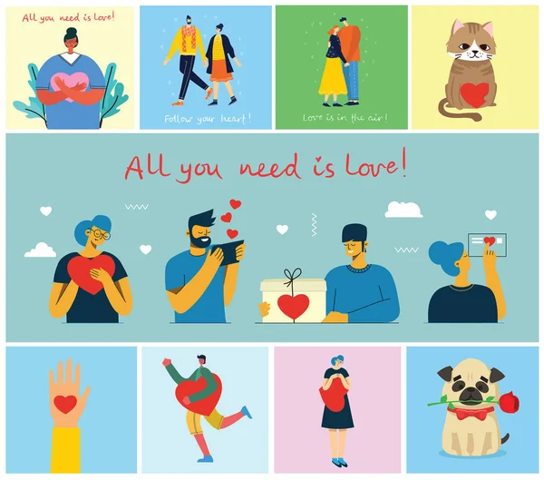 Valentijn Doodle Kaart Set Vector Illustratie Mensen Vakantie Concept — Stockvector