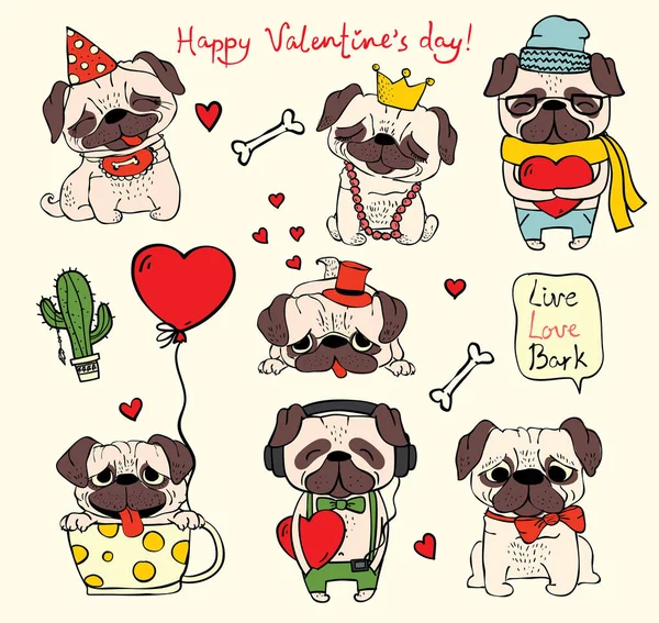 Set Carte Doodle San Valentino Con Illustrazione Vettoriale Degli Animali — Vettoriale Stock