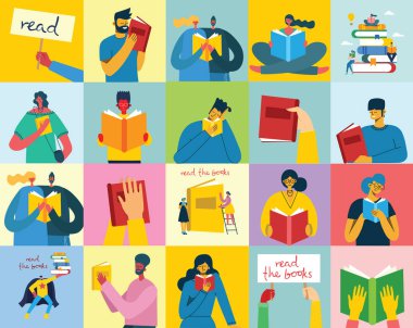 set of people with books, simply vector illustration 