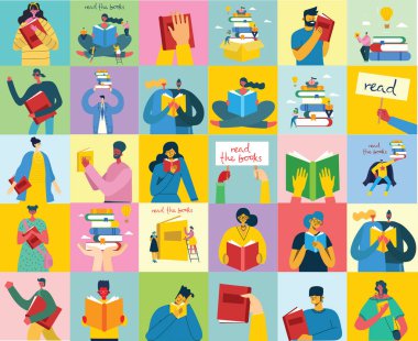 set of people with books, simply vector illustration 
