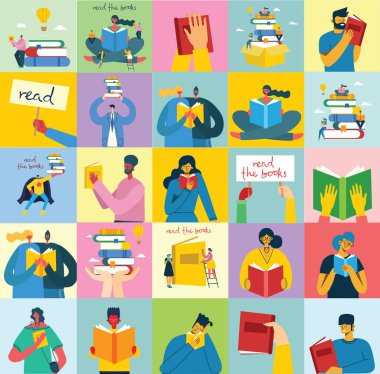 set of people with books, simply vector illustration 
