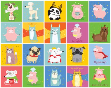 Renkli arka planda bir grup şirin hayvan, basitçe vektör illüstrasyonu 