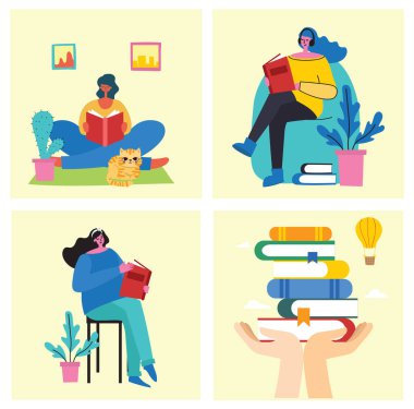 Ev posterlerindeki okuma kitabı seti, basitçe vektör illüstrasyonu 