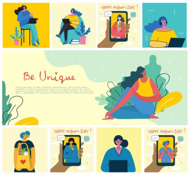 İlham verici alıntılarla hazırlanmış kadınlar, basitçe vektör illüstrasyonu 