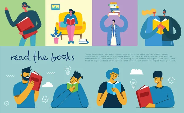 Σύνολο Του Βιβλίου Ανάγνωσης Στο Σπίτι Αφίσες Απλά Διανυσματική Απεικόνιση — Διανυσματικό Αρχείο