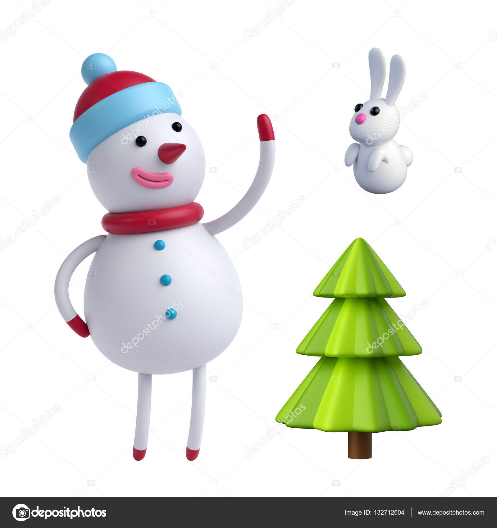 Funny snowman ,bunny and fir tree Stock Photo by ©wacomka 132712604 Funny snowman ,bunny and fir tree Stock Photo by ©wacomka 132712604