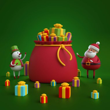 kardan adam ve hediye çanta yakınındaki santa