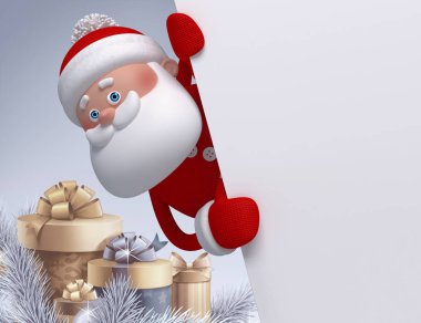 3D render, dijital illüstrasyon, Noel baba karakteri, boş afiş, yılbaşı ağacı, tebrik kartı