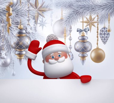 3D render, dijital illüstrasyon, Noel baba karakteri, boş afiş, yılbaşı ağacı, tebrik kartı