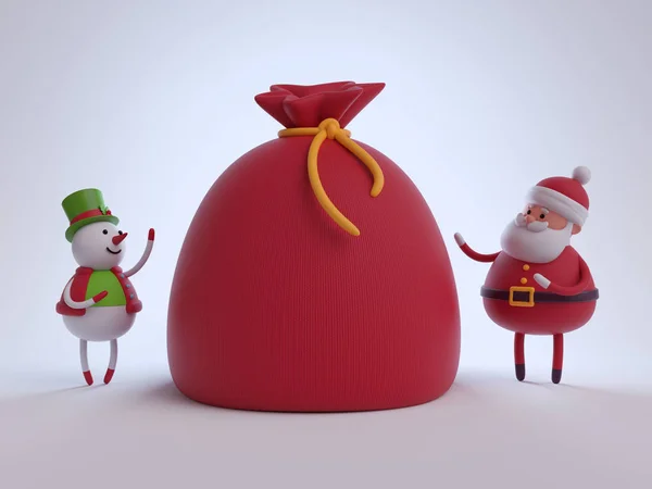 Muñeco de nieve y Santa Clauscon bolsa de regalos grande — Foto de Stock