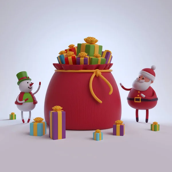 Schneemann und Weihnachtsmann mit großer Geschenktüte — Stockfoto