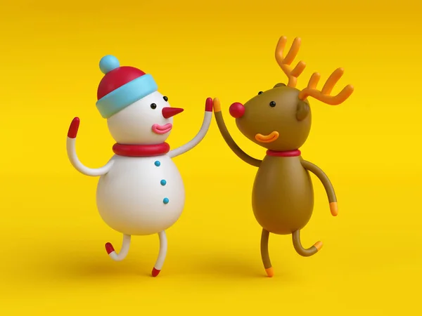 Cartoon snowman and deer dancing — Stock Photo, Image