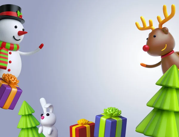 Різдвяна листівка зі сніговиком, кроликом та оленями — стокове фото