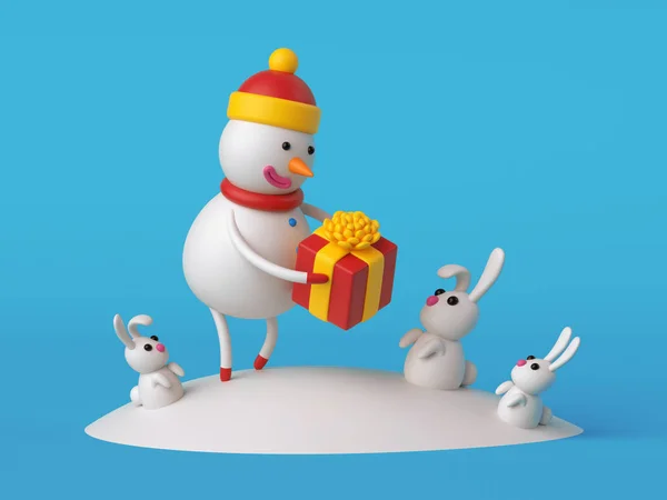 Snowman giving  gift to white rabbits — Stock Photo, Image