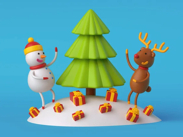 Snowman and deer decorating fir tree — Stock Photo, Image