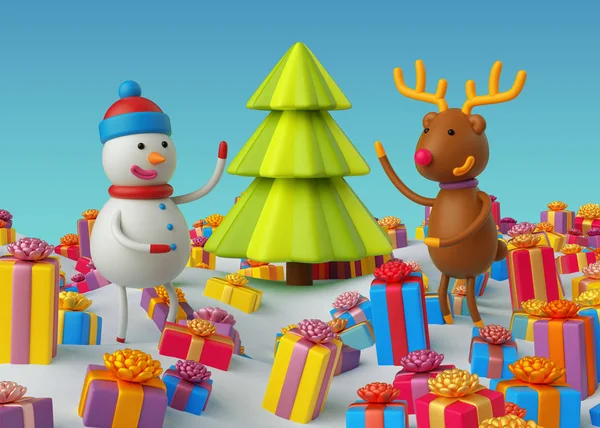 Snögubbe och rådjur under julgranen — Stockfoto