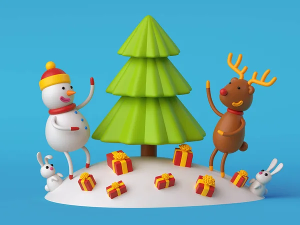 Veado boneco de neve e coelhos com presentes — Fotografia de Stock