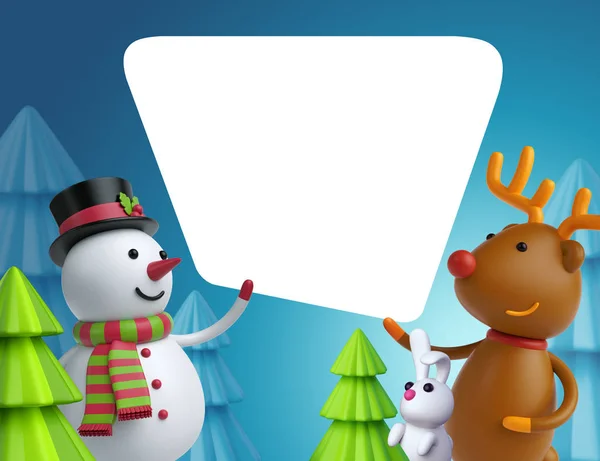 Snowman and deer holding blank banner — Stock Photo, Image