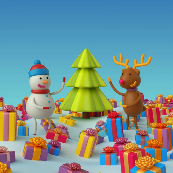 Sneeuwpop en herten onder kerstboom — Stockfoto