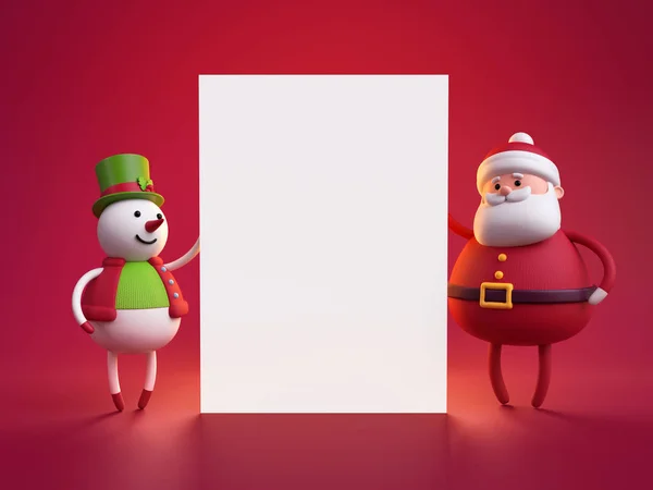 Snowman and santa claus holding blank page — Stock Photo, Image