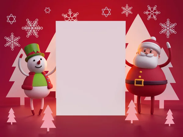 Snowman and santa claus holding blank page — Stock Photo, Image