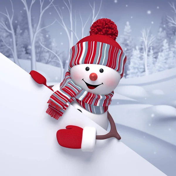 Divertido muñeco de nieve sobre el paisaje de invierno —  Fotos de Stock