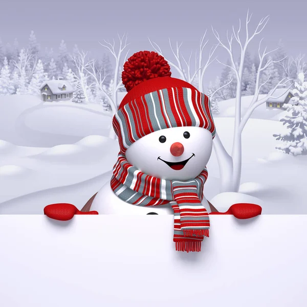 Lustiger Schneemann mit weißem Brett, — Stockfoto