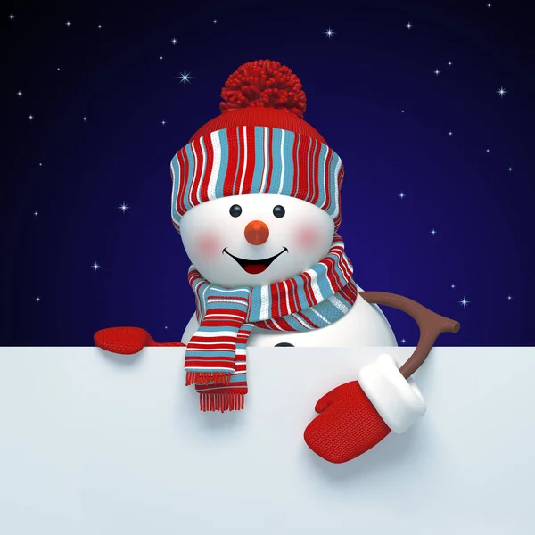 Happy snowman holding blank card — Stock Photo, Image