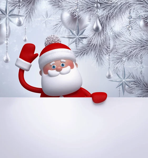 3D-Render, digitale Illustration, Weihnachtsmann-Charakter, leeres Banner, Winternatur, Weihnachtsbaum, Grußkarte — Stockfoto