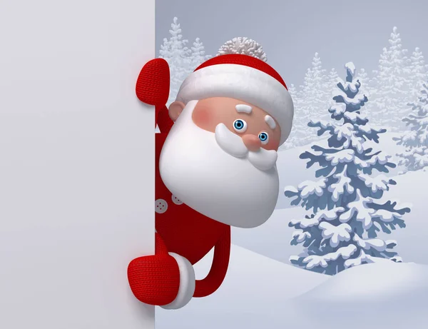 3D render, digitális illusztráció, Santa Claus karakter, üres banner, téli táj, karácsonyfa, üdvözlőlap — Stock Fotó