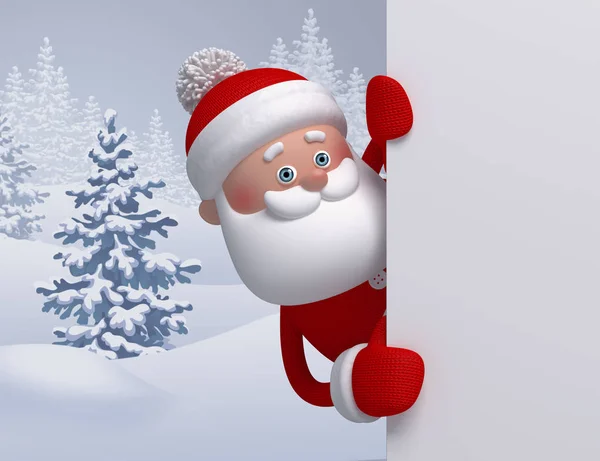 3d render, digital illustration, Santa Claus character, blank banner, winter nature, Christmas tree, greeting card — Stock Photo, Image