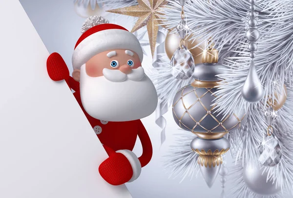 3D-Render, digitale Illustration, Weihnachtsmann-Charakter, leeres Banner, Weihnachtsbaum, Grußkarte — Stockfoto