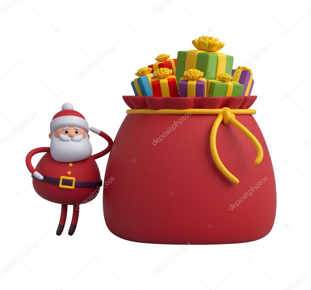 Santa Claus  with gift boxes in bag