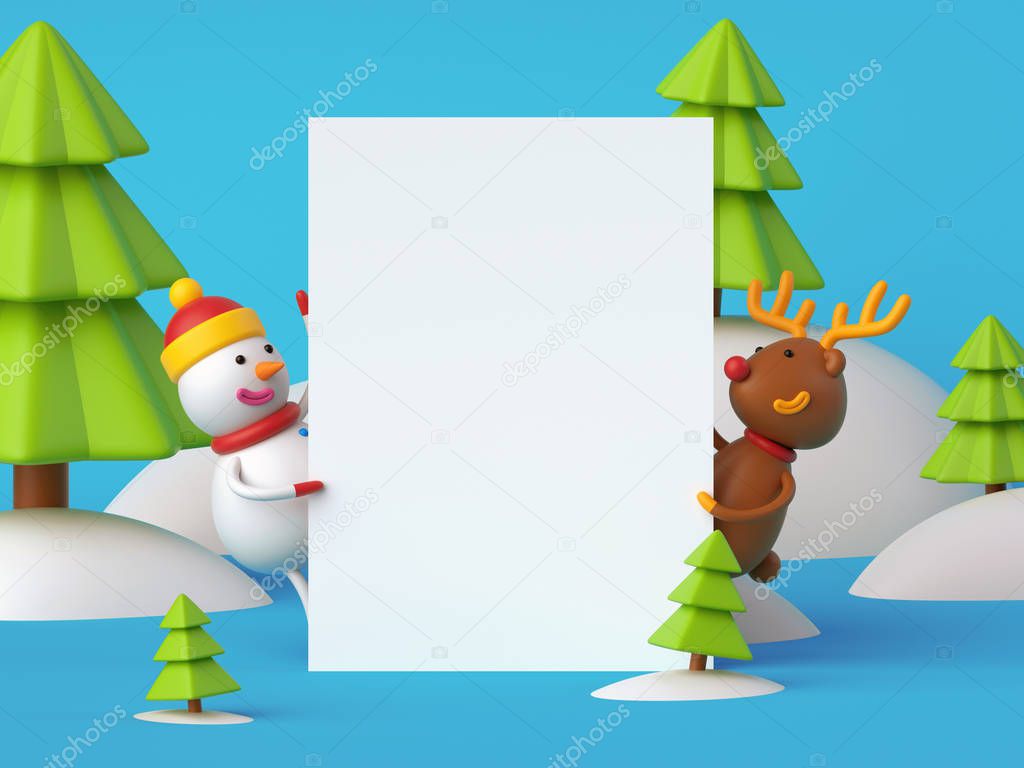 snowman and deer,gifts under the Christmas tree