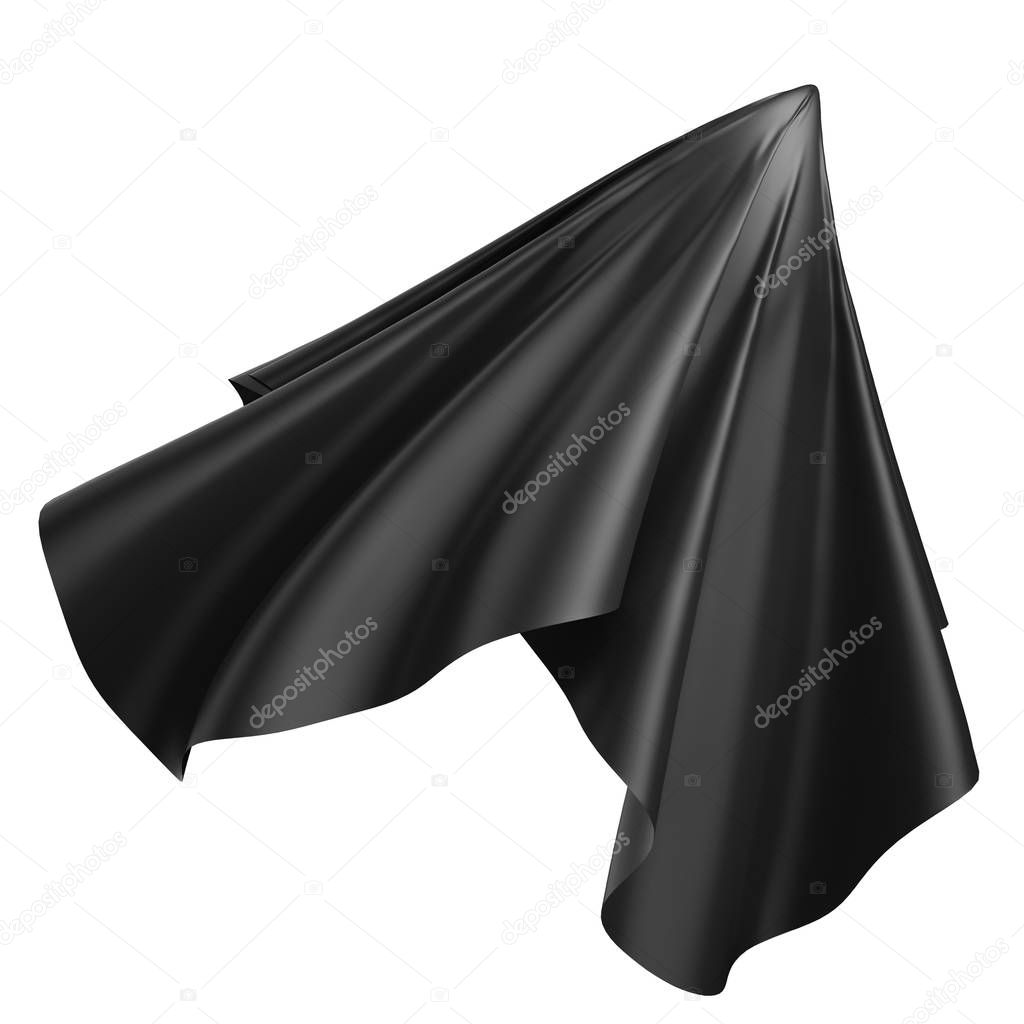 3d render, digital illustration, abstract folded cloth, black fabric flying, unveil, silky textile falling 