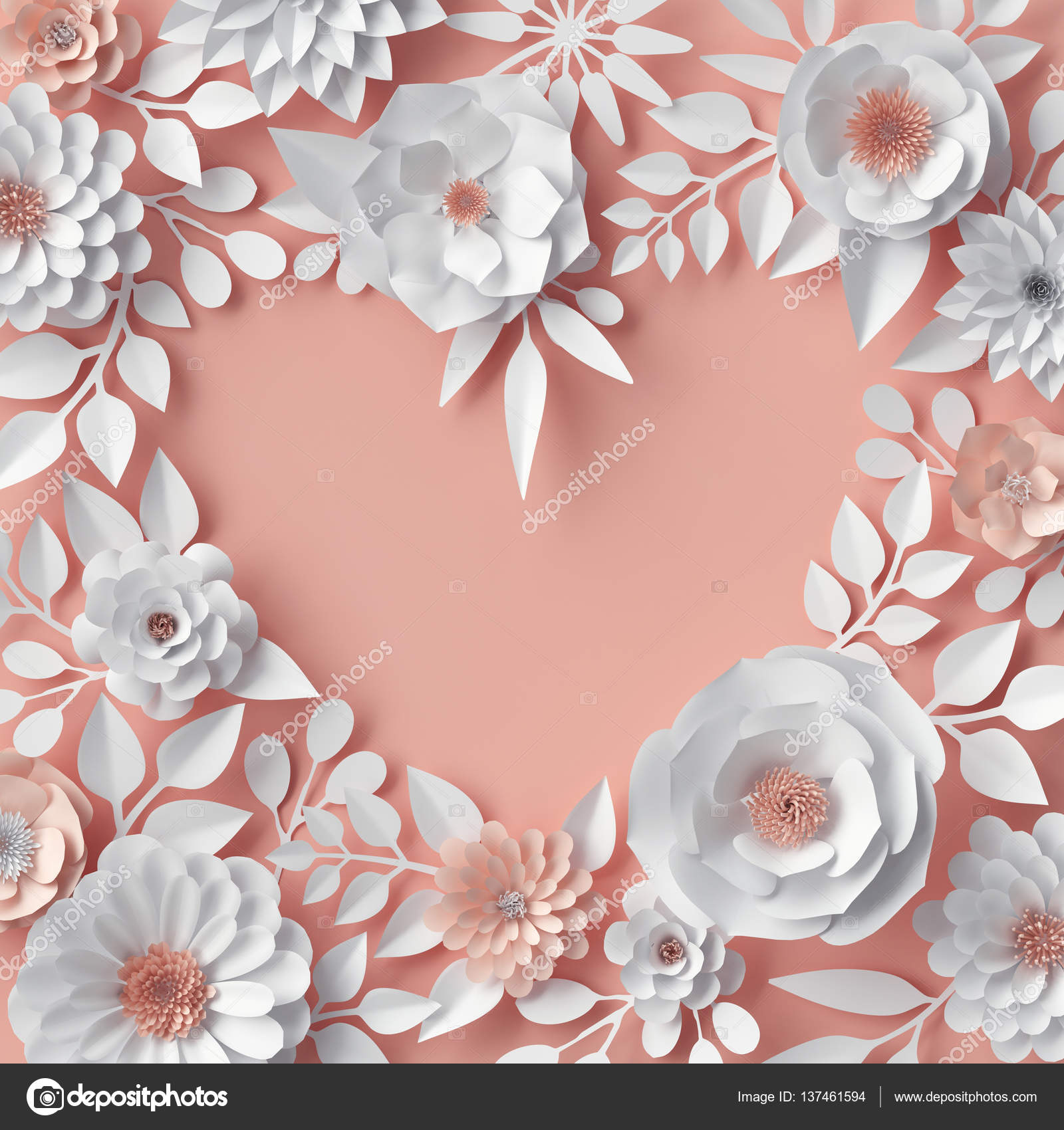 3d render, digital illustration, white paper flowers, blush pink floral  background, Valentine's day heart, wedding card Stock Photo by ©wacomka  137461594