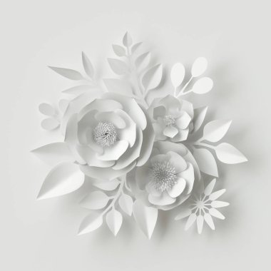 3D render, dijital illüstrasyon, beyaz kağıt çiçekler, çiçek arka plan, düğün kartı