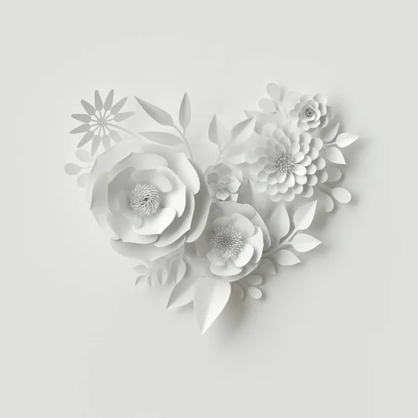 3d rendu, illustration numérique, fleurs en papier blanc, fond floral, carte de mariage — Photo