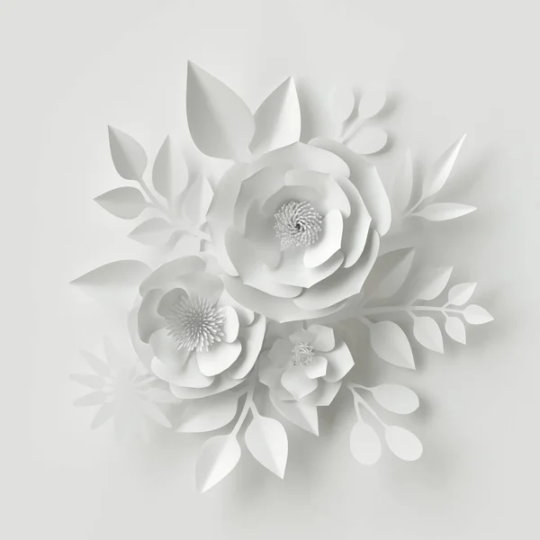 Renderização 3d, ilustração digital, flores de papel branco, fundo floral, cartão de casamento — Fotografia de Stock
