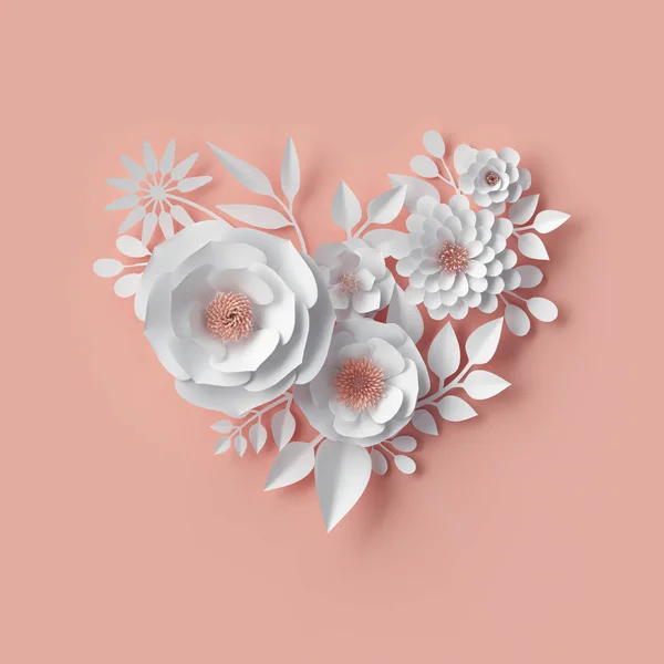 3D render, digitális illusztráció, fehér papír virágok, elpirulás rózsaszín virágos háttér, Valentin nap szív, esküvői meghívók — Stock Fotó