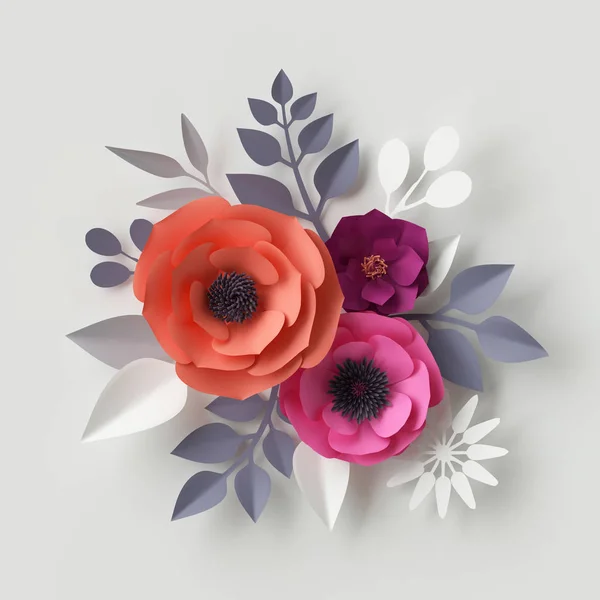 3d render, digital illustration, red pink paper flowers, floral background, Valentine's day, wedding card — Stock Photo, Image