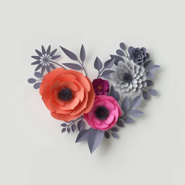 3D-Render, digitale Illustration, rote rosa Papierblumen, Valentinstag-Grußkarte, Herzform — Stockfoto