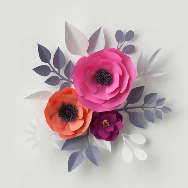 3D-Render, digitale Illustration, rote rosa Papierblumen, Brautstrauß, Valentinstag-Grußkarte — Stockfoto